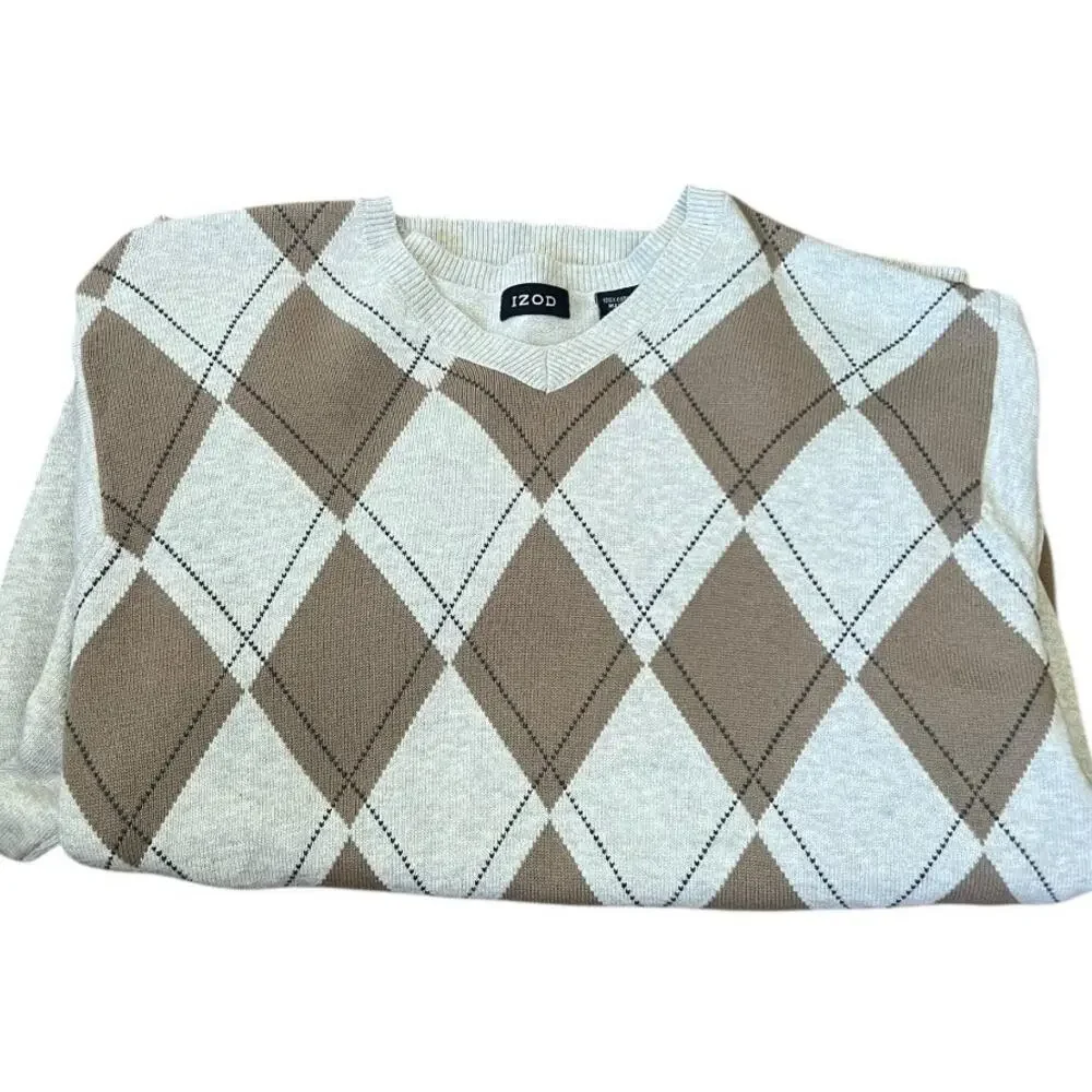 Y2K Vintage IZOD Argyle Sweater Size M Men VNeck Gray Tan Cotton Academia Preppy
